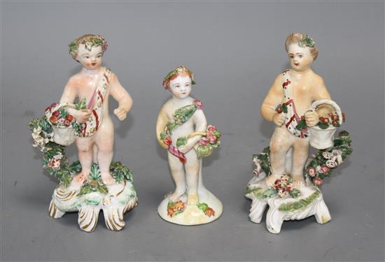 Three Bow porcelain figures of cherubs, c.1760-75, height 12 - 14.5cm